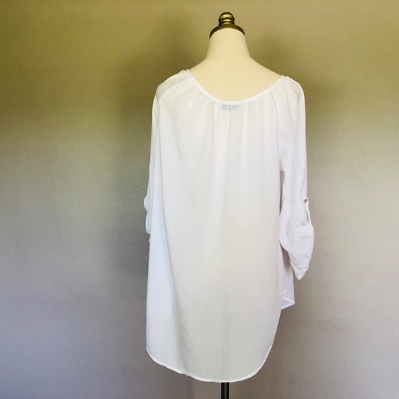 Medium White Pullover Scoop Neck Blouse INDIGO Button Up Sleeves - Picture 6 of 8